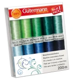 Gütermann Broderitråd Sæt Grønne Blå Farver - 10 Ruller á 200m Gütermann broderitråd sæt i grønne og blå farver