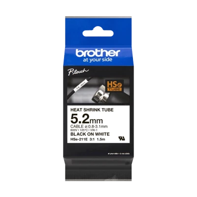 Brother original HSe-211E - 5,2 mm krympeflextape i sort på hvid Brother original HSe-211E - 5,2 mm krympeflextape i sort på hvid