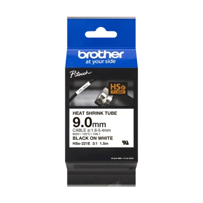 Brother original HSe-221E - 9 mm krympeflextape i sort på hvid Brother original HSe-221E - 9 mm krympeflextape i sort på hvid
