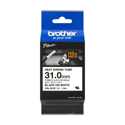 Brother original HSe-261E - 31 mm krympeflextape i sort på hvid Brother original HSe-261E - 31 mm krympeflextape i sort på hvid